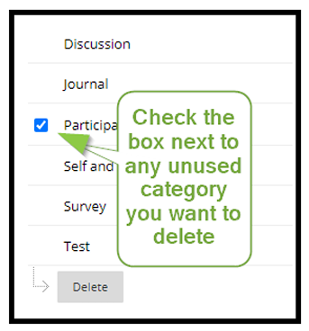 the checkbox and delete button used to delete a category